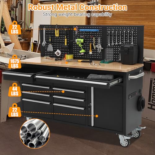 Image of GAOMON 61-inch Rolling Tool Chest, 10 Drawers Garage Workbench Storage Tool Cabinet with Power Strip, Solid Rubber Wood Top, 1675 LBS Load Mobile Workstation, Heavy Duty Rolling Cabinet