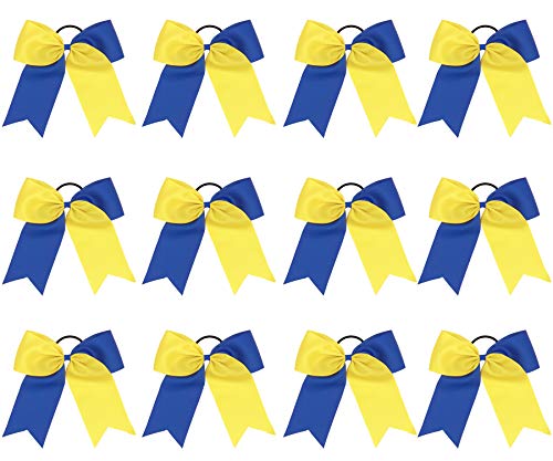8 Inch 2 Colors Jumbo Cheerleader Bows Ponytail Holder Cheerleading Bows Hair Tie for Teen Women Girls Competition Sports Cheerleaders （12 Pcs） (Royal Blue/Yellow)