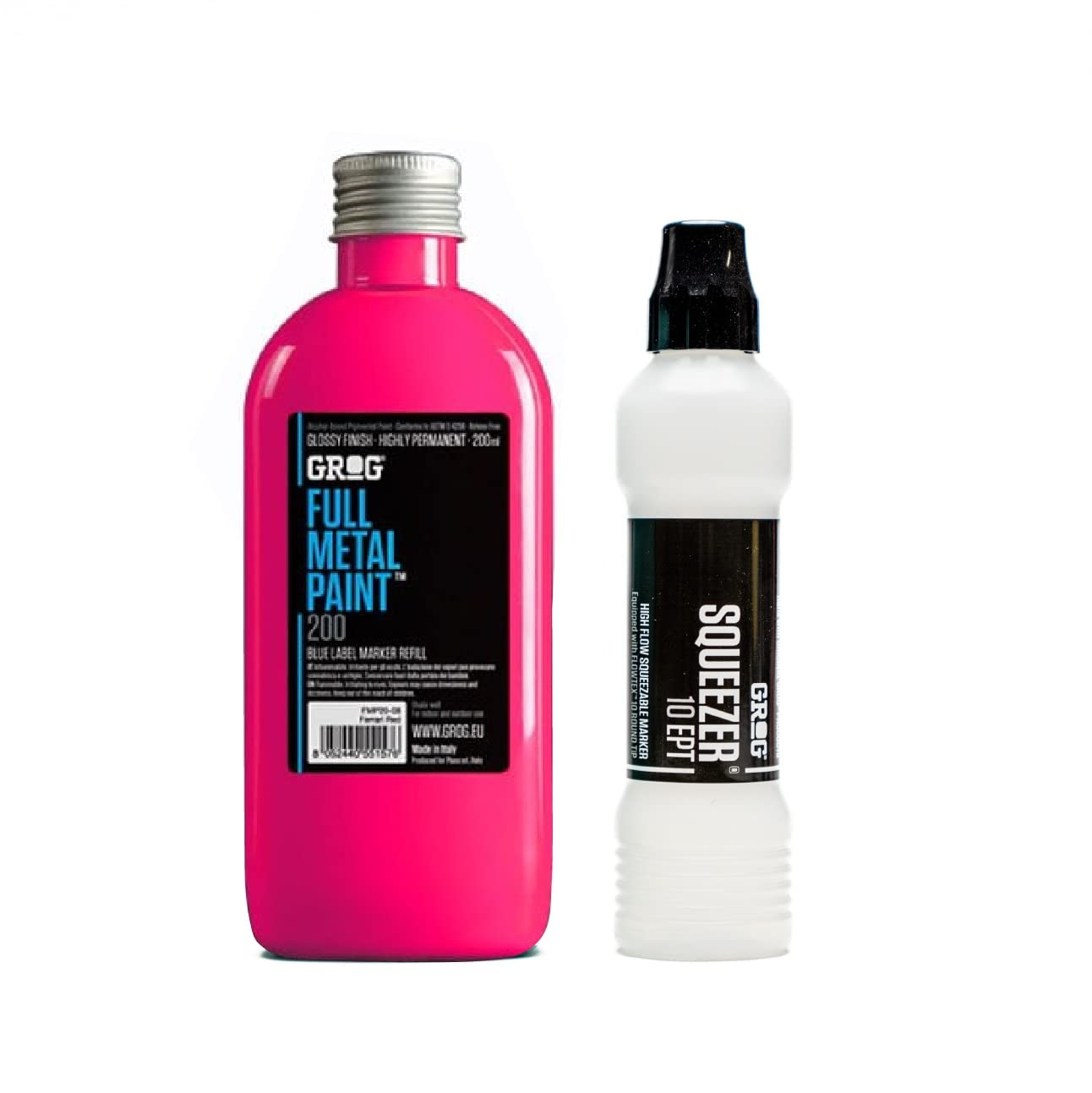 Graff-City Grog Full Metal Paint & Squeezer 10 EPT - 10mm Mop Marker & Gloss Permanent Paint Refill 200ml (Neon Fuchsia)