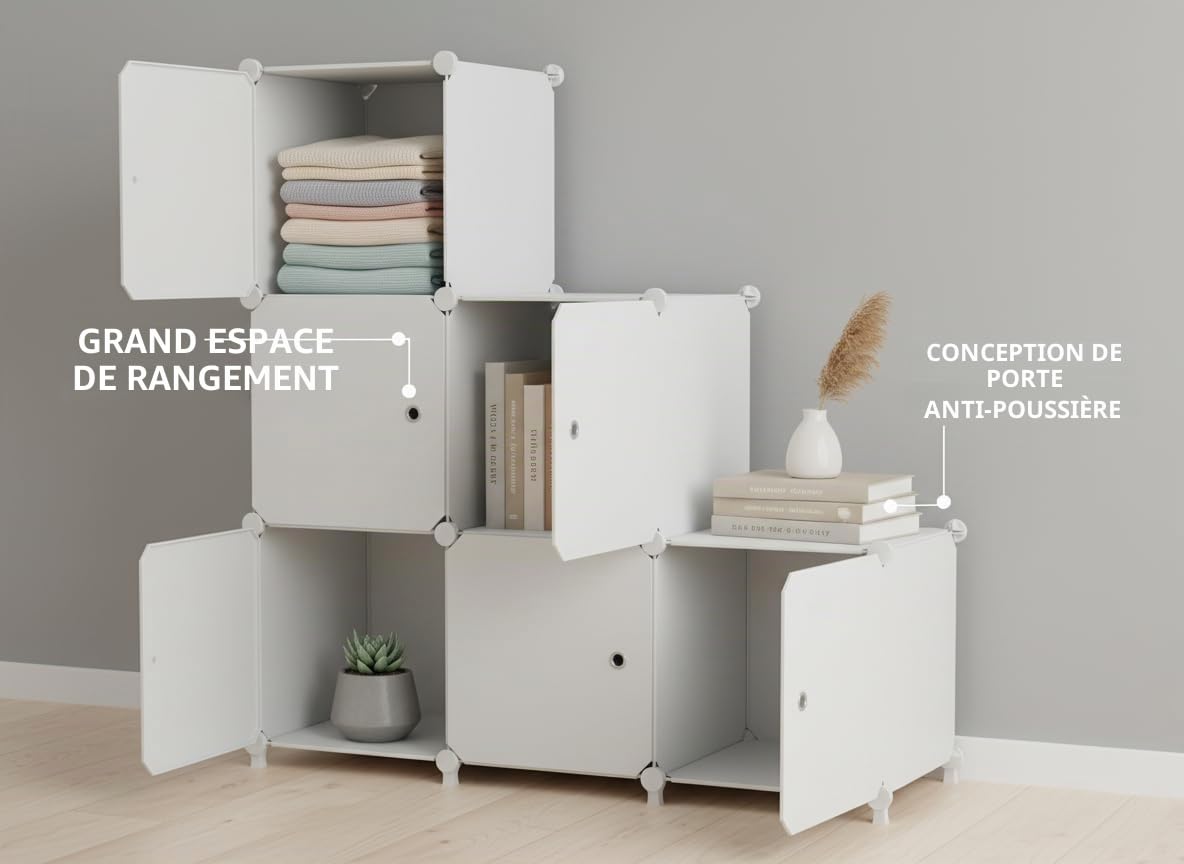 6 Cubes avec Portes, Rangement cubique pour Chambre à Coucher, Armoire et Dessous d'escalier, 30x30x30cm Compartiments, Rangement de Placard économisant de l'espace, Blanc ATTSL6002