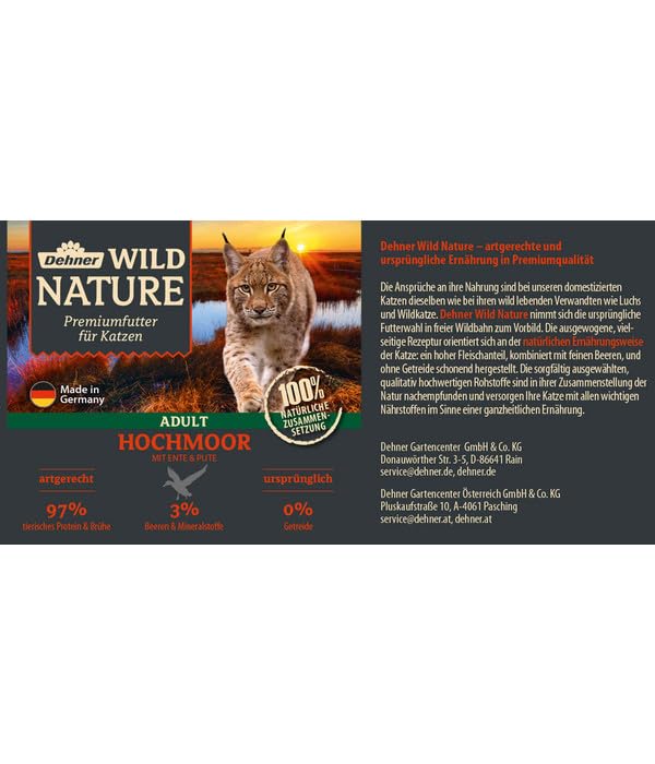 Dehner Wild Nature Katzenfutter Hochmoor, Nassfutter getreidefrei, für ausgewachsene Katzen, Ente / Pute, 6 x 200 g Dose (1.2 kg)