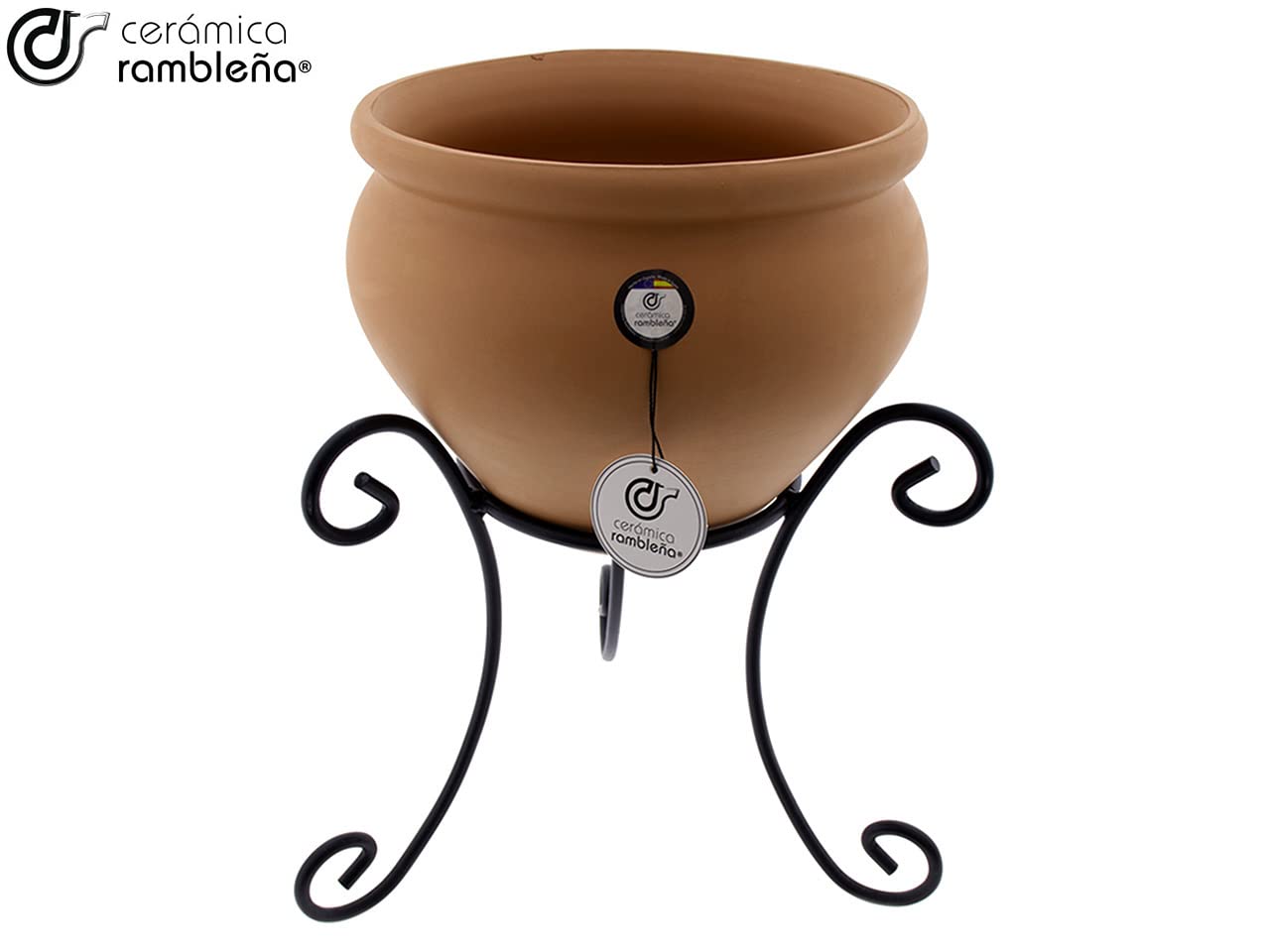 CERÁMICA RAMBLEÑA | Vaso da Fiori Terracotta Grande con Supporto in Ferro | Vaso Esterno con Drenaggio Ø 35 cm - Modello 04 | Fatto in Spagna 35x35x42 cm