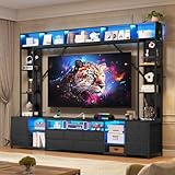 UPOSOJA Large Entertainment Center with 11 Fabric Drawers & LED Lights, Wall Unit TV Stand for Living Room Bookshelves for TVs up to 45'-75', Modern Industrial Style TV Stand