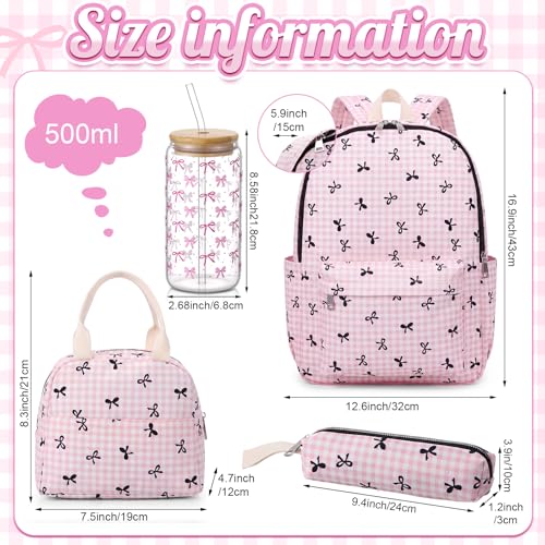 Huhumy 5 Pcs Bow Backpack for Girls Coquette Schoolbag Set Preppy Bow Backpack with Lunch Box Pencil Case Gift(Pink,Fashion,Nylon) by Huhumy - Used condition - Image 2