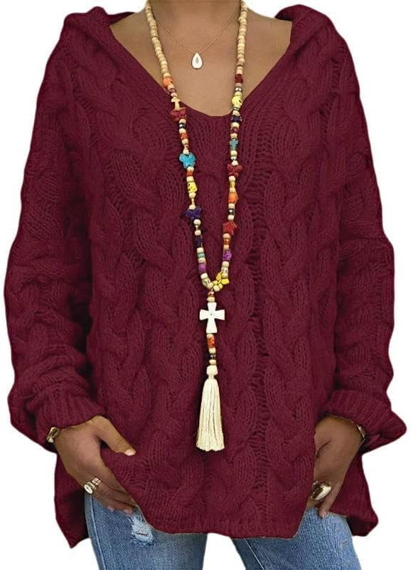 Hoodie Sweaters for Women Cable Knit Womens Chunky Sweater V Neck Long Sleeve Oversized Hoodies Pullovers