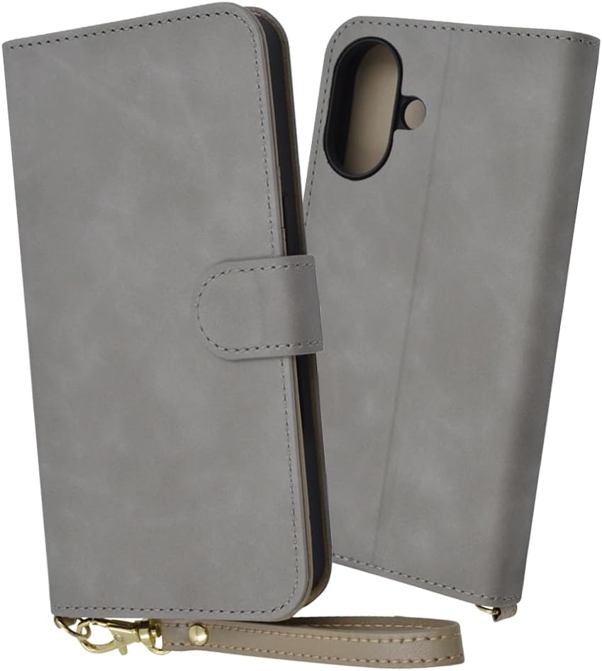 イングレム Inglem iPhone 16 Case Notebook Type Shockproof iPhone 16 iPhone 16 Leather Stylish with Strap Gray Folio Cover Soft Hard Smartphone Cover Smartphone Case IN-P46DML1/GR