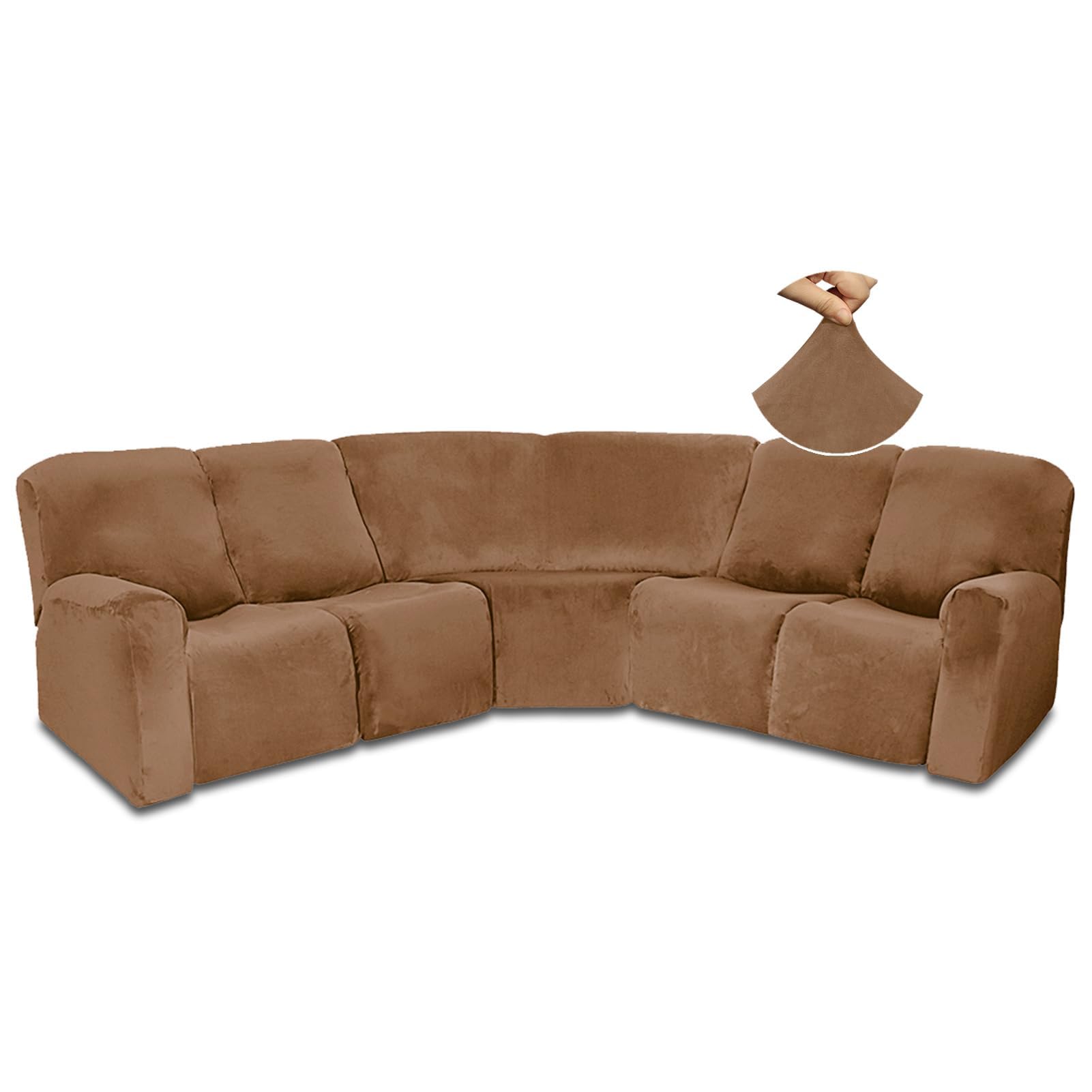 JUNLEBUYI 7-Piece L Shape Sectional Recliner Sofa Covers 4 Seater & 1 Corner Seat,Velvet Stretch Reclining Couch Cover Slipcover for Reclining L Shape 5 Seat Recliner Corner Sofa (Camel)