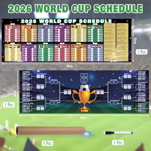WM Spielplan 2026 Poster für Deko Fußball WM 2026 | Fussball Planer | Enthält 42 Mannschaften Gruppen Knockout Termine & Austragungsorte | Wandplan für Heim & Bar | Gerollt (2 Stück, 30x90CM)