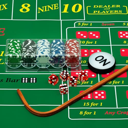 Leyndo Craps Tabletop Game Set, Includes 35\" x 70\" Rubber Craps Tabletop Layout Mat, 36\" Craps Rattan Stick, Casino Grade AAA 19mm Dice, 3 Inch On/Off Buttons and 100 Pcs Poker Chips with Case