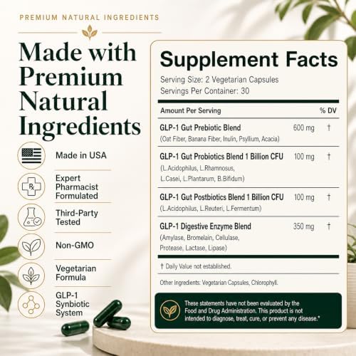 GLP-1 Support Supplement for Nausea, Bloating & Gut Health – Synbiotic Pre, Pro & Postbiotic for Women & Men, GLP-1 Users – Pharmacist Formulated, 20-in-1 (60 Capsules) — view 7