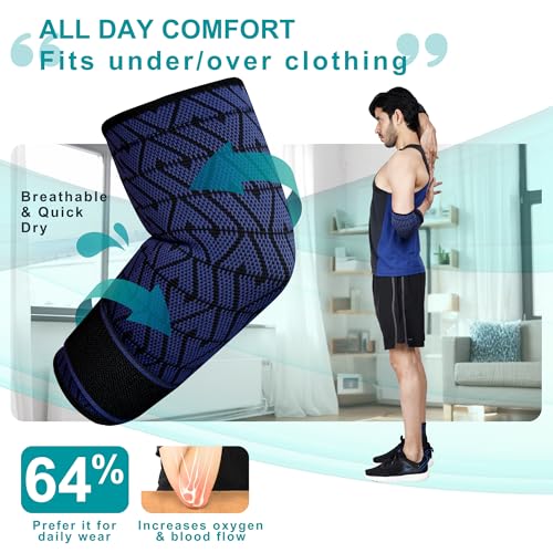 Image of Dr Fitzy 1 Pair Elbow Support for Gym Workout, 3d Compression Tennis Elbow Band for Men and Women, Elbow Sleeves for Gym with Arm Band and Anti Slip Grip, 2 Units Elbow Cap Brace for Pain Relief (Blue, L)