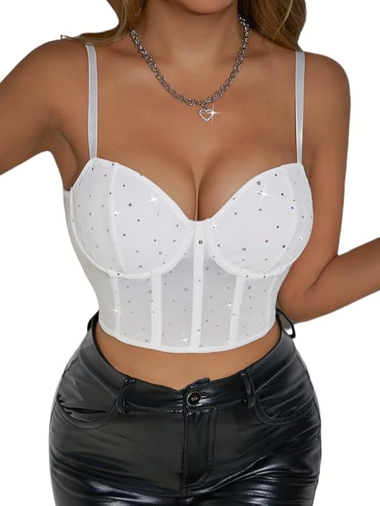 Mocure Corsetto Da Donna Con Paillettes Glitterate – Bustier In Rete Di Pizzo, Spalline Rimovibili, Push Up Con Ferretto, Per Feste