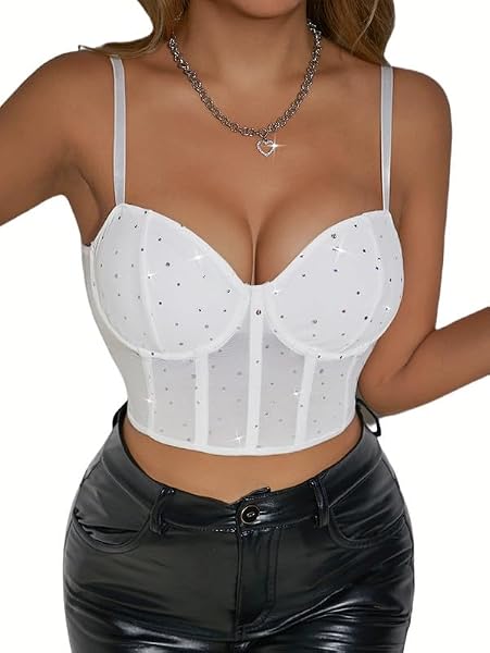 Sukiglam Bezrękawnik damski brokatowy gorset top letni top seksowny koronkowy gorset ramiączka spaghetti gorset z efektem push up crop topy impreza gorset rave strój Y2k podkoszulek podstawowy