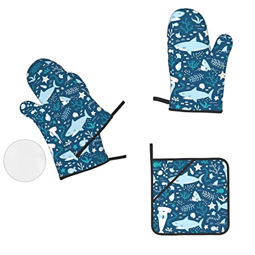 Cute Blue Fish Heat Insulation Oven Mitts And Pot Cover Pad,4-Piece Set,For Cooking Baking Grilling #TOP5