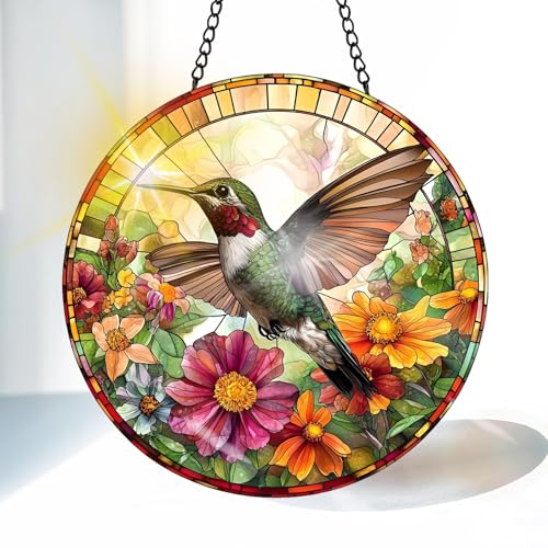 VAIIEYO Hummingbird Sun Catcher Stained Glass Window Hanging Ornament, Handmade Sun Catcher Animal Decoration with Hooks for Window Garden Home, Mother's Day & Birthday Housewarming Gift (7.8 inch)