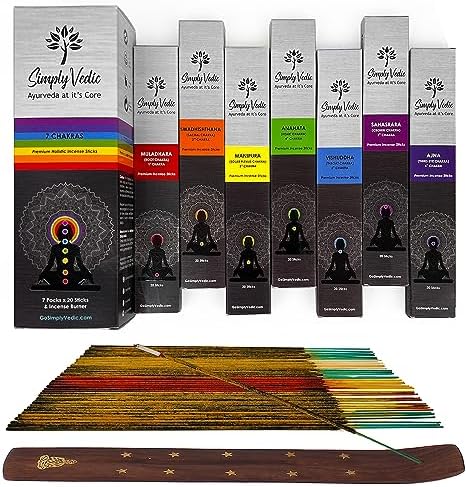 Simply Vedic 7-Chakra Premium 140 Incense Agarbatti Stick with Burner Lasting 60 Minutes Each for Meditation, Yoga, Reiki, Healing, Aromatherapy Energy Cleansing (20 Sticks x 7-Chakras)