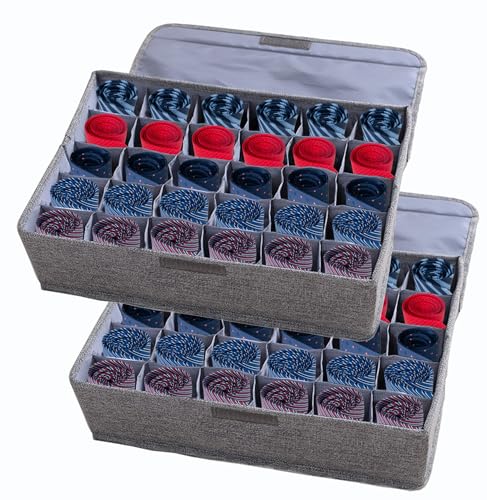 AARAINBOW 2 Packs Underwear Socks Ties Storage Organizer with Lids Foldable Closet Drawer Organizer 60 Cells, Fabric Wardrobe Divider Storage Boxes for Scarves and Lingerie (30 Cell, 2 Gray)
