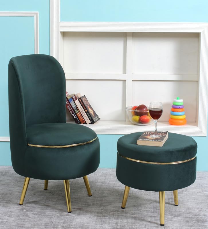 Image of Ottoman for Living Room, Velvet Round Foot Rest Stool, Metal Legs Chair for Sitting, Puffy for Bedroom & Makeup Room Decor | Chair (18 inchx18 inchx32 inch), Puffy (16 inchx16 inchx17 inch) | (Combo-Green)