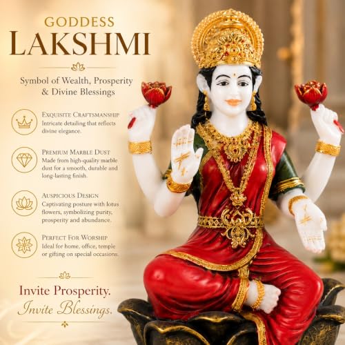 Image of ARMONIA Laxmi MATA Idol with Lotus Throne and Golden Crown | Mahalakshmi Devi Murti for Home, Mandir,Office Desk,Varalakshmi Vratam,Spiritual Decoration,Best Spiritual Gift for Wedding & Housewarming