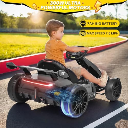 Blitzshark 24V Kids Go Kart 300W Drift Kart Powerful Electric Pedal Kart Outdoor Race Toy, with 2X150W Strong Motor, 7AH Big Battery, EVA Tires, Drift/Sports Mode, Brake Pedal, Length Adjustment, Gray