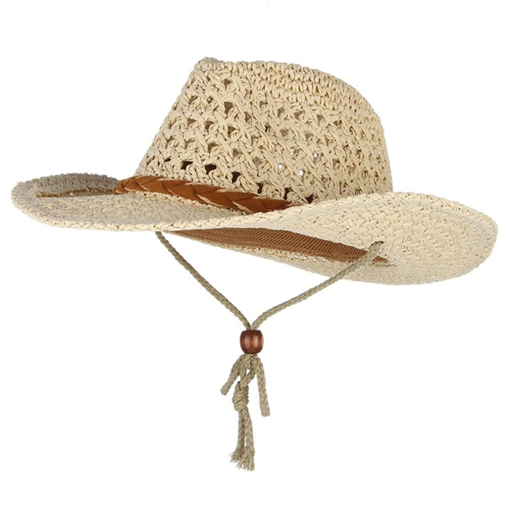 Straw Cowboy Cowgirl Hat for Men Women Classic Wide Brim Western Straw Hat Fedora Panama Hat with Chin Strap Summer Sun Hat Beige
