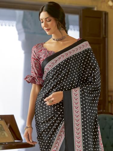 Image of SAREE MALL Women's Ajrkh Print Satin Crepe Polka Dot Printed Saree With Unstitched Blouse Piece