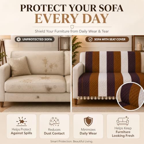 Image of Velvet Quilted Sofa Cover for 2 Seater (48 x 60 Inches) | Stripes | Anti-Slip Soft Washable Sofa Seat Cover | Furniture Protector with Tassels