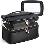 MAGEFY 2 PCS Travel Cosmetic Bags Leather Double Layer Organizer Clear Toiletry Bag Black Makeup Bag