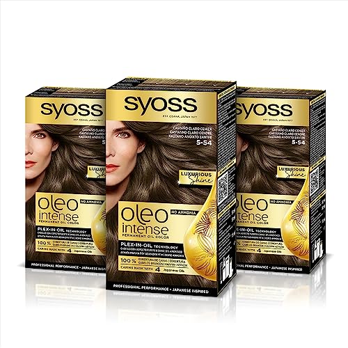 Syoss Oleo Intense - Tinte 5-54 Castaño Claro Ceniza – Coloración permanente Sin Amoníaco – Cobertura profesional de canas – Resultados de peluquería (Pack De 3)