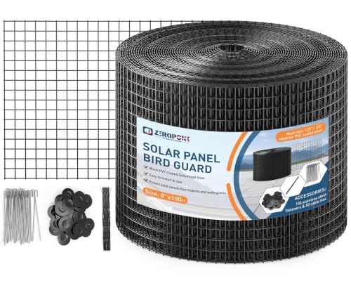 ZeroPone 8inch x 100ft Solar Panel Bird Guard Critter Guard for Solar Panels with 100 Pcs Stainless Steel Fasteners Removable PVC Coated Pigeon Netting Wire for Squirrel Bird Critters Proofing