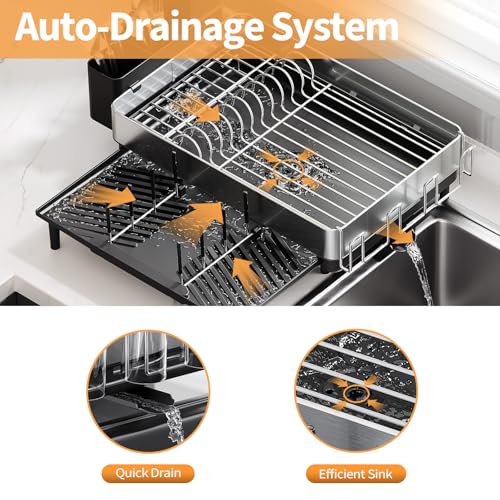 Image of Urackify Large Dish Drying Rack, 304 Stainless Steel Dish Rack for Kitchen Counter, Expandable Dish Drainer with Cutlery Holder, Multifunctional Space Saving Organizer, Black