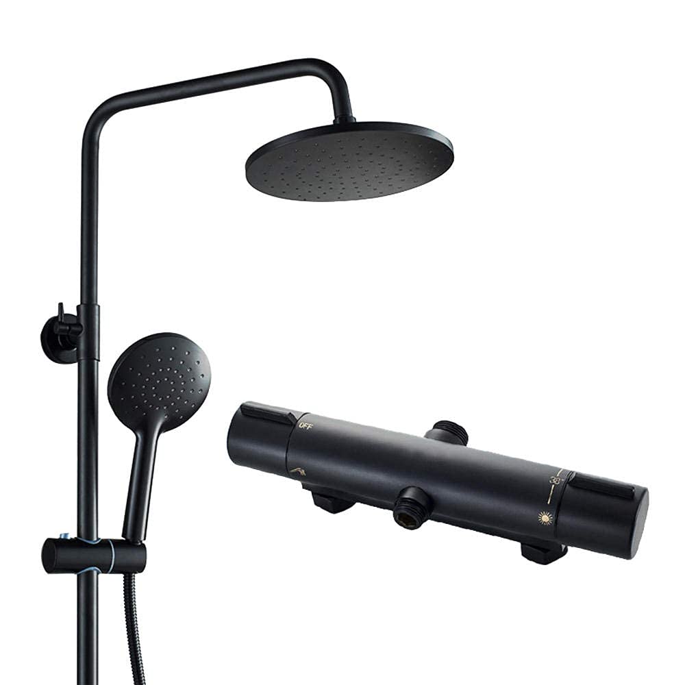 QUSYZD Thermostatic Shower Mixer Set, Round Pressurized Rain Shower Head Limestone-Proof Shower Kits with Overhead Shower Shower System-Chrome,Black,Black