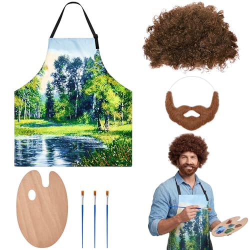 FineCheer 80s Painter Costume Set Brown Wig Moustache Wooden Paint Palette Brush for Halloween Couple Holiday Party Outfit(Forest)