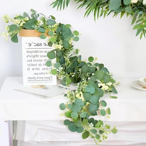 Guirlanda de eucalipto falso de 1,8 m, vinhas artificiais penduradas com folhas de eucalipto, guirlanda de vegetação para decoração de parede de arco, decoração de parede, corredor de mesa interno e