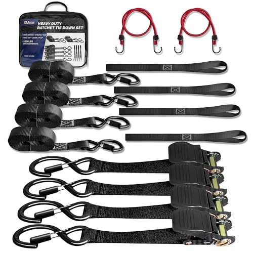 Heavy Duty 1' x 15' Ratchet Straps (4 Pack) - 2200 lb Break Strength with Soft Loops & Coated S-Hooks for Truck, Trailer, Motorcycle, ATV, UTV, Boat, Car Accessories (Black)