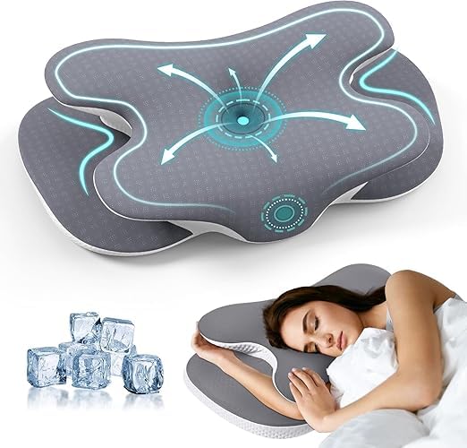 JINXIA Contour Memory Foam Pillow for Neck and Shoulder Pain Cervical Pillow with Cooling Silk Cover Ergonomic Orthopedic Neck Support Pillow Back/Side/Stomach Sleeper Pillows for Sleeping Gray