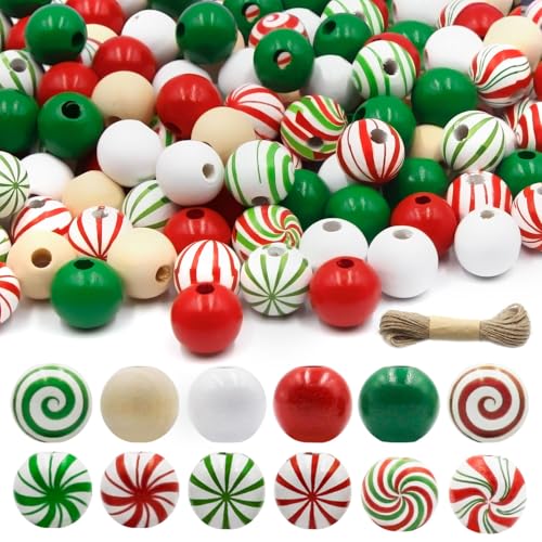 DISENB 240 Pieces Christmas Wooden Beads with Rope Red Green White Peppermint Swirl 16mm Colored Round Winter Christmas Wood Beads for Xmas DIY Jewelry Making Garland Home Holiday Party Decor