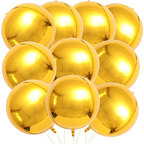 KALOR 10 Pcs 22 Inch Gold Mylar Balloons, Large 4D Giant Round Foil Balloon Big Mirror Metallic Balloons for Birthday Party Baby Shower Gender Reveal Supplies