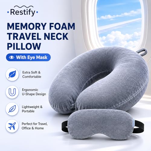 Image of Restify Premium Memory Foam Travel Neck Pillow with Eye Mask | Soft Velvet U Shape Neck Support Cushion for Flight, Airplane, Car & Office Travel | Portable Pillow for Men & Women | Grey