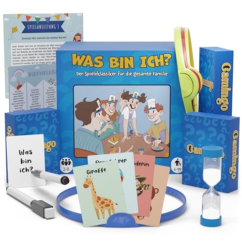 Gamingo Wer Bin Ich Spiel für Kinder & Familien - Spiel ab 6 Jahre - bis zu 8 Spieler lustiges was Bin Ich Spiel Kinder Familienspiele ab 6 Jahre Gesellschaftsspiele ab 6 mit über 200 Spielkarten