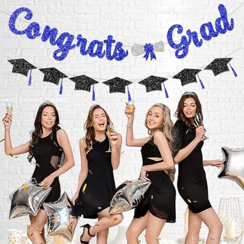 Image of Congrats Grad Congratulations Decorations Banner Pre-Strung Glitter Blue Graduation Class of 2026 with Tassel Decor College High School Party Favors NO DIY