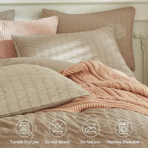 Image of JELLYMONI Seersucker Duvet Cover Set Twin, 3pcs Khaki Polyester | In Dorm & Kids Room, Single Sleepers Pick, Crinkled Texture, Oeko-Tex Certified, 8 Corner Ties & Hidden Zipper