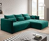FURNIX Ecksofa Yalta mit Schlaffunktion und Bettkasten - Couch L-Form Sofa mit Kissen - Stellfüße in Chromoptik - B245 x H83 x T182 cm, Liegefläche: 147 x 232 cm - MH37 (Grün)