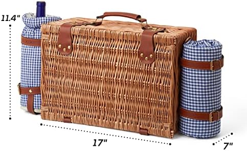 DHAEE Wicker Picnic Basket Set for 4 Person with Cooler Compartment and Waterproof Picnic Blanket,Removable Strap,Wine Bag,Cutlery Set,for Camping,Day Travel,Beach,Hiking,BBQ and Family/Couples Gifts