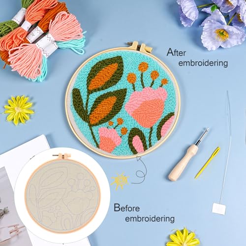 Image of KESTAR Punch Needle Embroidery Starter Kits, Tulip Flower Punch Needle Kits for Adults Beginner, Needle Punch Kit Tool with Instruction Threader Fabric Yarns and Hoop