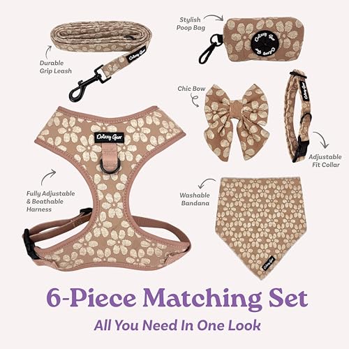 Large Dog Collar and Harness Set – No Pull, All-Weather, Breathable Harness & Leash Set with Collar, Bandana, Sailor Bow & Poop Bag Holder – Adjustable & Soft - Cocoa Bloom on Jacquard Fabric - Image 4
