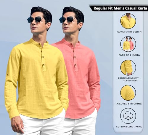 Image of Zombom Combo of Men's Solid Cotton Polyester Blend Full Sleeve Straight Kurta Shirt (Pack of 2)