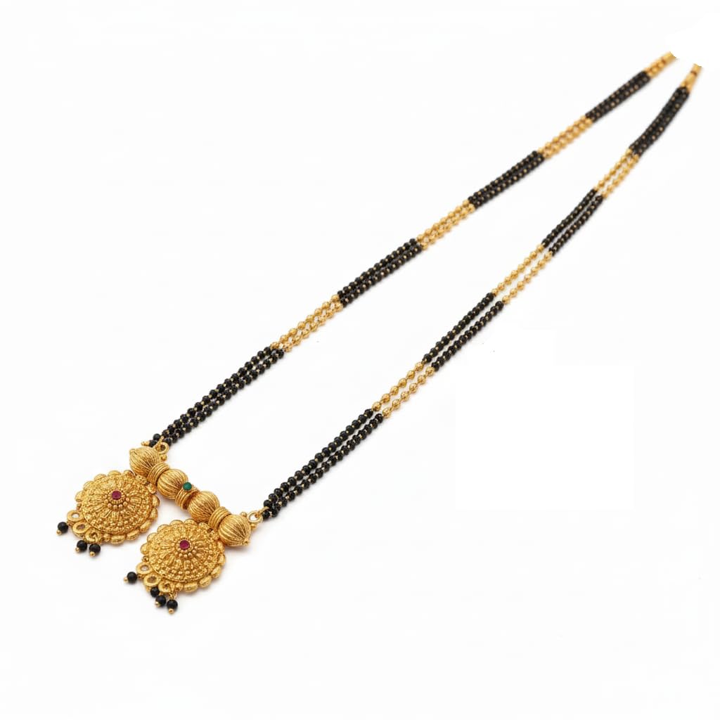 Traditional Maharashtrian Gold-Plated Mangalsutra Necklace Set with Matching Earrings | Golden Ball Design, Double-Line Black Beads & Ruby Stone Vati/Dawali-image-13