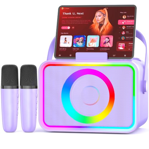 Karaoke Machine for Kids Adults Portable Bluetooth Speaker with 2 Wireless Microphone with LED Lights Karaoke Microphone with PA System Supports USB/TF/AUX Gift for Party(Black) (Purple)