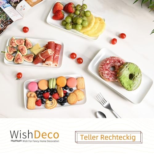 WishDeco Rechteckige Teller 6er Set, Servierplatte Klein 23x12 cm, Dessertteller Rechteckig Länglich, Servierteller Porzellan Weiß für Antipasti, Dessert, Kuchen, Sushi, Salat